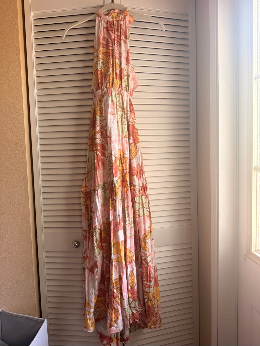 Mahina Light Pink Tropical Floral Halter Maxi Dress
